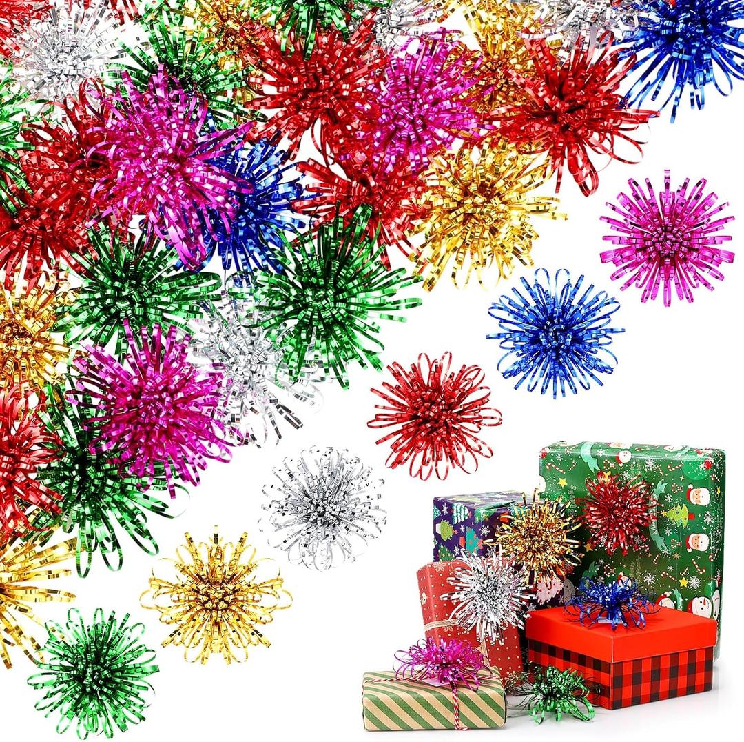 Yunlly 40 Pcs 4 Inch Christmas Self Adhesive Gift Bows, Multicolor Present Bows for Gift Wrapping Holiday Christmas Birthday Party Decoration Present (Red Green Gold Silver Blue Rose Red)