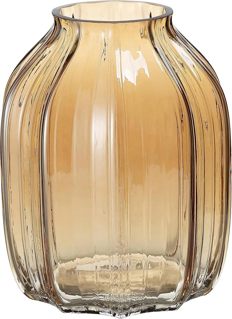 Large Amber Glass Vase for Flowers Ribbed Tall Gold Floor Vase 8.0" Decorative Vases for Home Table Centerpieces Flowers Decor and Farmhouse(Brown 8.0in)