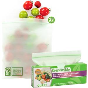 Responsible Products Certified Compostable QUART Resealable Zip Bag, Extra Strength Food Bags, Plant-Based Freezer-Safe (26 Pack)