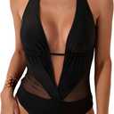 SOLY HUX Women's One Piece Swimsuits Deep V Neck Halter Mesh Monokini Bathing Suits Beachwear Solid Black Medium