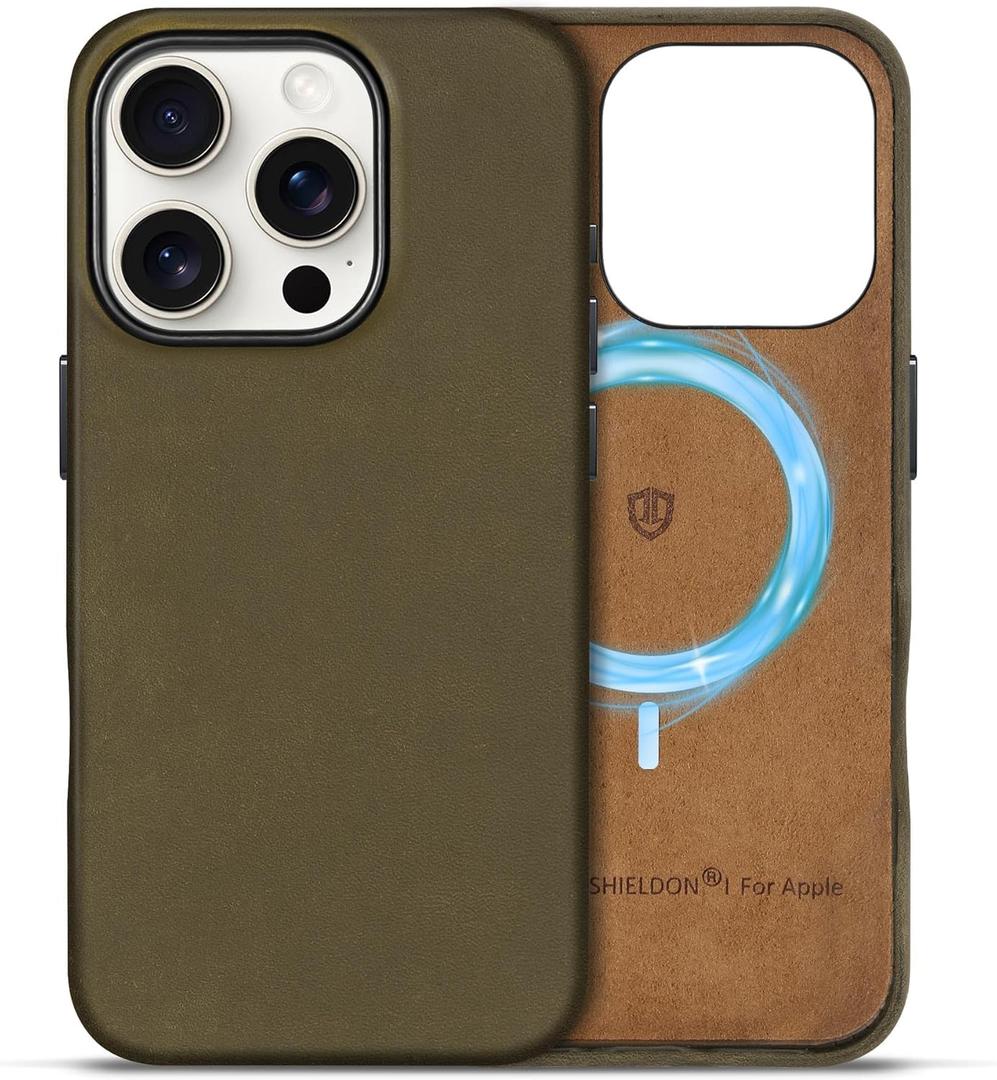 SHIELDON Case for iPhone 16 Pro, Crazy Horse Top Grain Leather Magnetic Wireless Charging Shock-Absorbent Anti-Scratch Non-Slip Case with Metal Button Compatible with iPhone 16 Pro 6.3" - Khaki (for iPhone 16 Pro, Crazy Horse - Khaki)