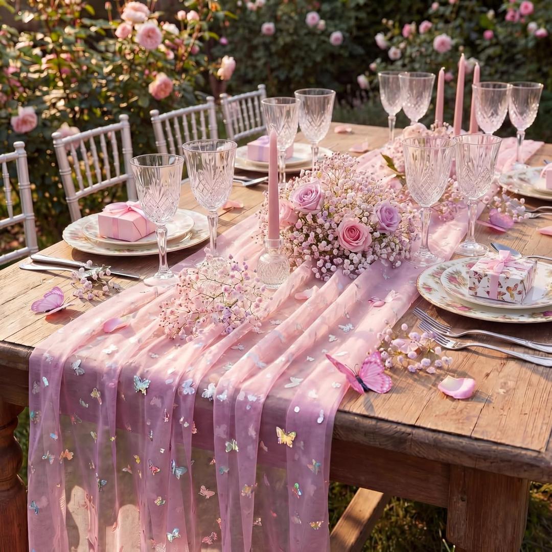 Hahafelt 4 Pack Elegant Pink Gauze Butterfly Table Runner with 3D Butterfly 27.5 x 115 Inches Tulle Table Runner for Weddings, Bridal Showers, Gender Reveals, Dining Room, and Birthday Parties