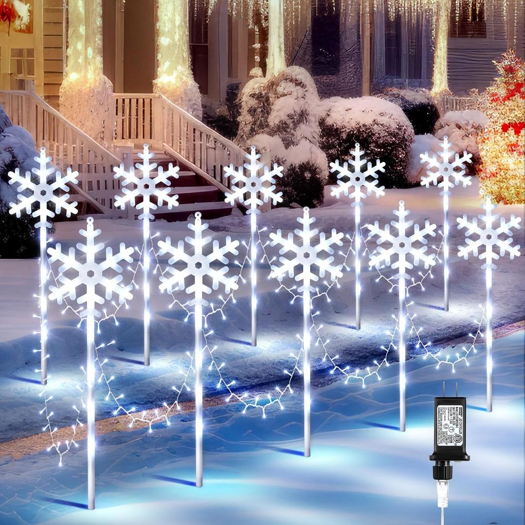 10 Pcs Christmas Snowflake Pathway Stake Lights for Outdoor Yard, 370 Bright LEDs Waterproof Large Christmas Snowflake Light Decoration for Garden Lawn Driveway Walkway Decor(Cool White)