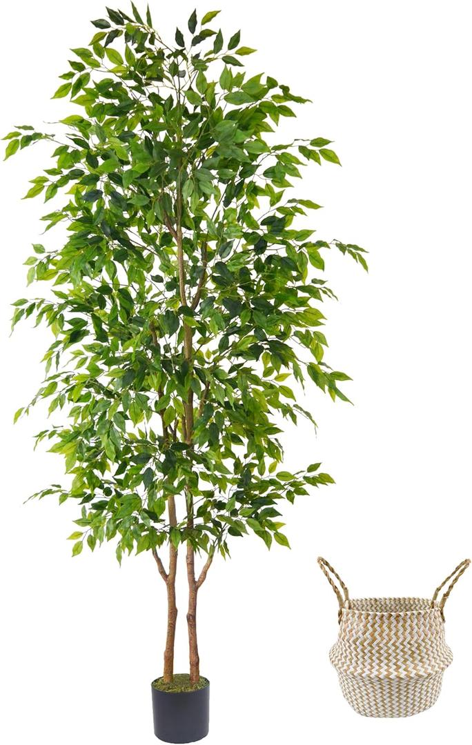 8ft Artificial Ficus Tree, 96 Realistic Ficus Leaves Large Fake Plant with Basket, Indoor Outdoor Potted Faux Tree for Home Garden Office House Livingroom Dcor