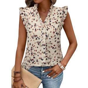 siliteelon Womens Summer Tops Ruffle Cap Sleeve Button Down V Neck Shirts Casual Trendy Cute Floral Tank Shirts, Floral Apricot Large
