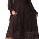SHESTARR Women's Plus Size Maxi Dress Long Sleeve Square Neck Smocked Flowy A-Line Lace Trim Wedding Guest Dresses (Brown), 3XL