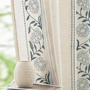 Jinchan Winslow Linen Curtains for Bedroom 72 Inches Length Embroidered Bordered Floral Curtains for Living Room Farmhouse Decor Light Filtering Window Treatments Blue on Beige Drapes 2 Panels