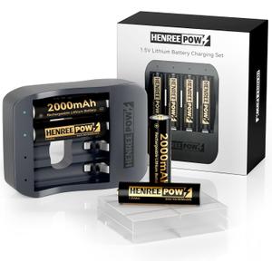 2 x Henreepow AA 1.5V Lithium Rechargeable Battery, Real High Capacity 3000mWh(2000mAh) Li-ion AA Batteries with 1.8H Individual Fast Charger,1600 Cycles, Long Lasting, Constant Output (4 Pack-Black)