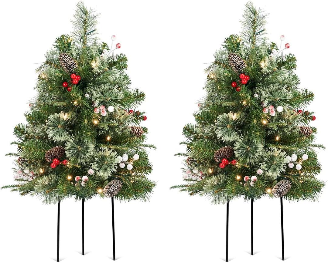 30 Inch Outdoor Christmas Tree Frosted Urn Filler 2 Set, Pre-lit Artificial Xmas Tree with 50 LED Lights, Realistic Carolina Pine and Berries for Pathway, Porch, Driveway, Yard (White)