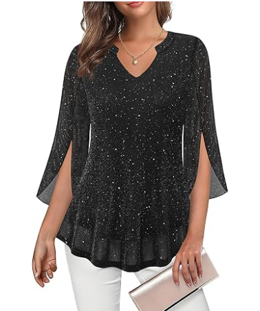 Tencole Womens 3/4 Ruffle Sleeve Sparkly Tops Sequin V Neck Blouses Dressy Casual Shirts, Size L