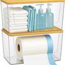 2 Pack Trash Bag Holder with Bamboo Lid - Stackable Under Sink Organizer & Garbage Bag Dispenser for Kitchen Organization - Large Plastic Holder for Laundry Room, Pantry, Bathroom, Cabinets