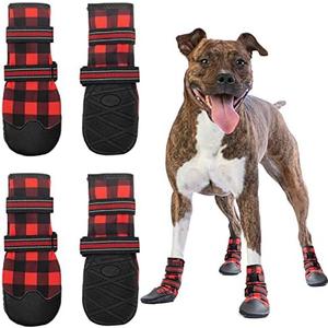 FLYSTAR Dog Shoes for Medium Large Dogs, Waterproof Anti-Slip Rain/Snow Winter Warm Outdoor Dog Boots, Adjustable Reflective Rubber Sole Paw Protector Dog Shoes for Running Hiking Walking,etc., Size: #6 ( Paw Width: 1.5" -2.3")