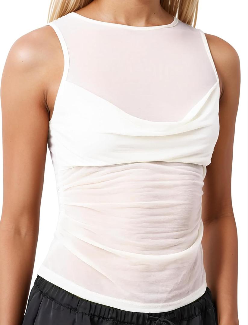 Sexy Pleated Ruched Crop Tank Tops for Women Mock Neck Sleeveless Mesh See Through Double Linery Tank Tops (Medium, White)