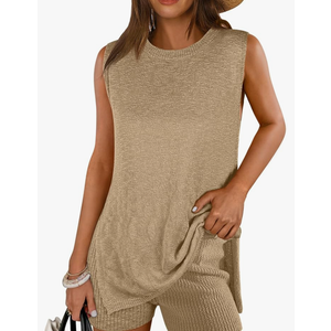 ANRABESS Women Summer 2 Piece Outfits Knit Short Sets Casual Sweater Top & Shorts Matching Lounge Set 2025 Beach Clothes Apricot, Medium