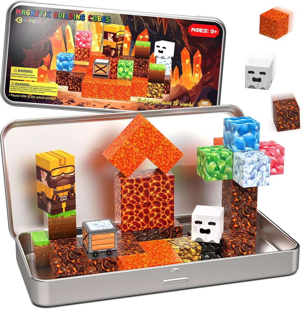 Magnetic Building Blocks Travel Toys for Toddlers 3-5 35PCS Treasure Hunt Game Magnetic Cubes with Tin Storage Box STEM Learning Toys Set for Kids Ages 4-8 Birthday Gifts, Classroom Prizes