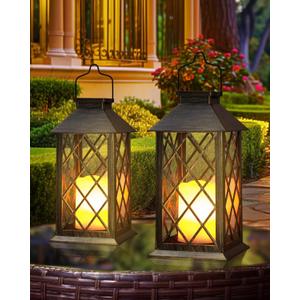 Otdair Solar Lanterns Outdoor Waterproof, 2 Pack 14" Solar Lantern with Glass Retro LED Flickering Flameless Candle,Lanterns Decorative Outdoor for Gift, Yard, Garden, Patio, Balcony,Porch, Party