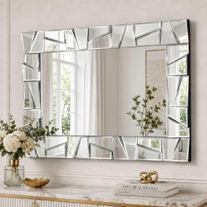Chende 3D Modern Decorative Mirrors for Wall, 36" x 24" Living Room Mirror
Uneven Glass Frame, Geometric Desgin, Beveled Glass Edge Fit Bathroom Dining Room Fireplace Entryway