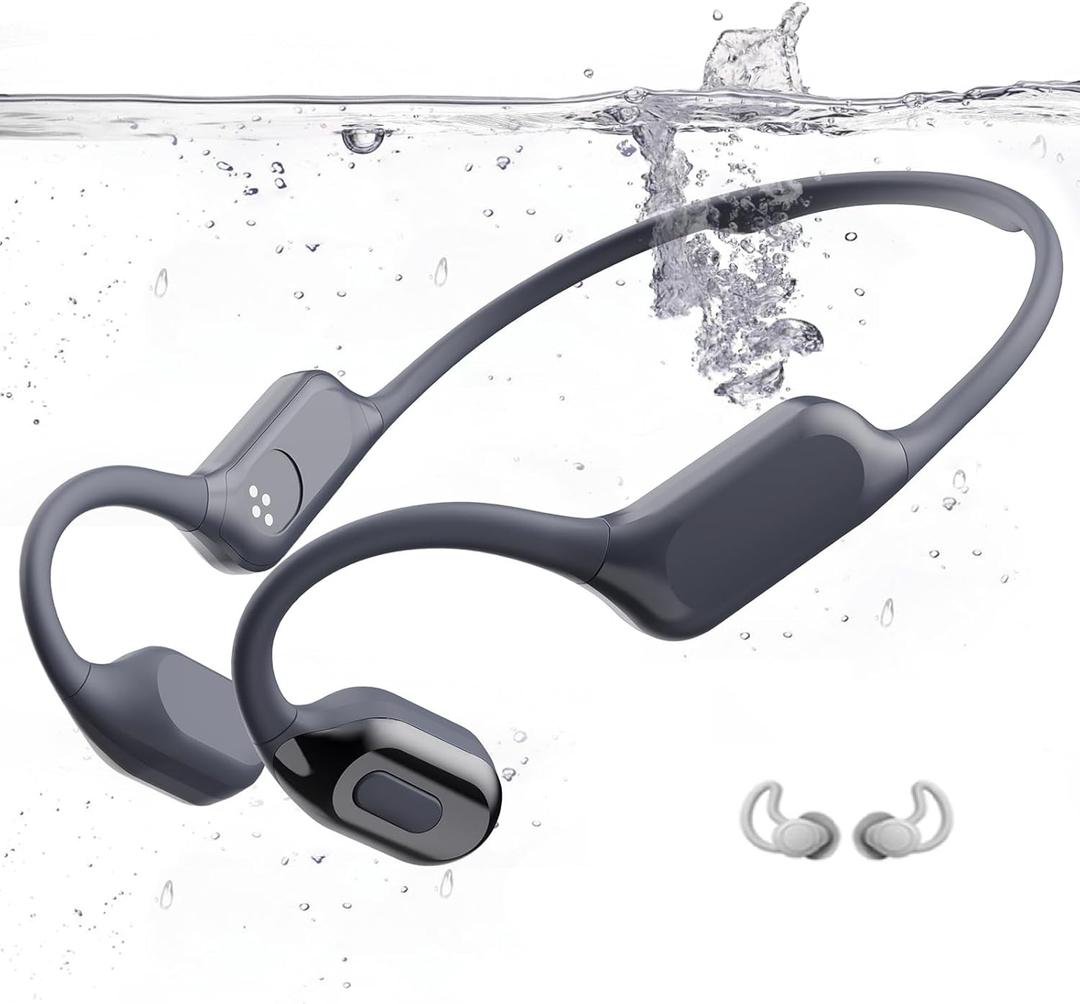 Swimming Headphones, Bone Conduction Headphones Bluetooth 5.4, IPX8 Waterproof with 32GB MP3 Player, Open Earphones with Safelight, Underwater Headphone for Swimming, Night Running, Fitness, Gray