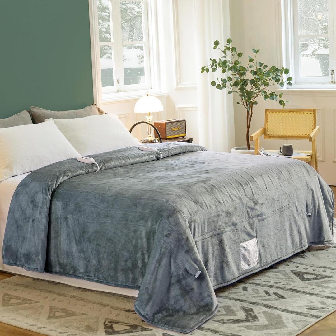 JET'S HOME Heated Blanket King 100"x90" - ETL&FCC Certified Flannel Electric Blanket Throw Machine Washable Heating Blanket with 4 Heating Levels 10 Hours Auto-Off Overheating Protection (Grey)
