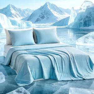 Tokokimo Cooling Comforter Set King Size with 2 Pillowcases, Cooling Blanket for Hot Sleepers and Night Sweats, Blue Silk Smooth & Lightweight Blanket for Summer, 104x90 Inches, Soft Bedding Set