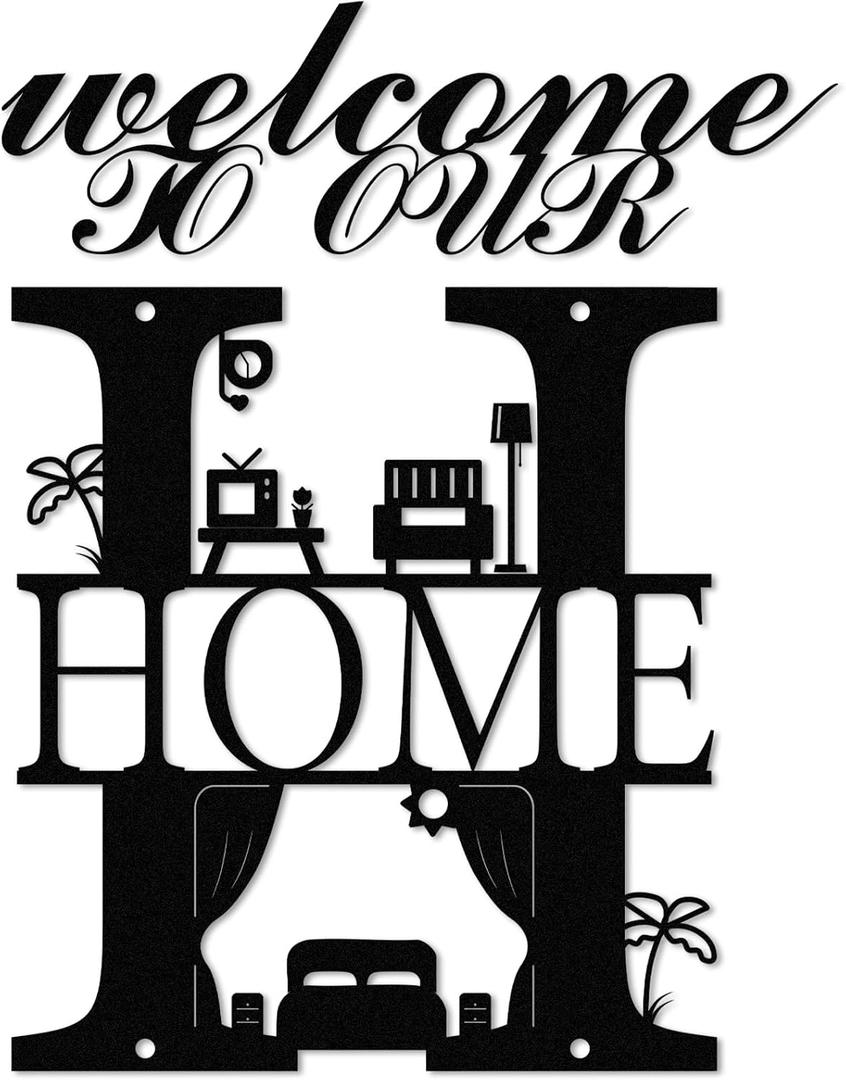 2 x BrightRow Welcome to Our Home Metal Wall Decor Black Metal Home Sign Wall Art Decoration for Modern Farmhouse Livingroom Bedroom Kitchen Porch Entry Door Hanging Decorations