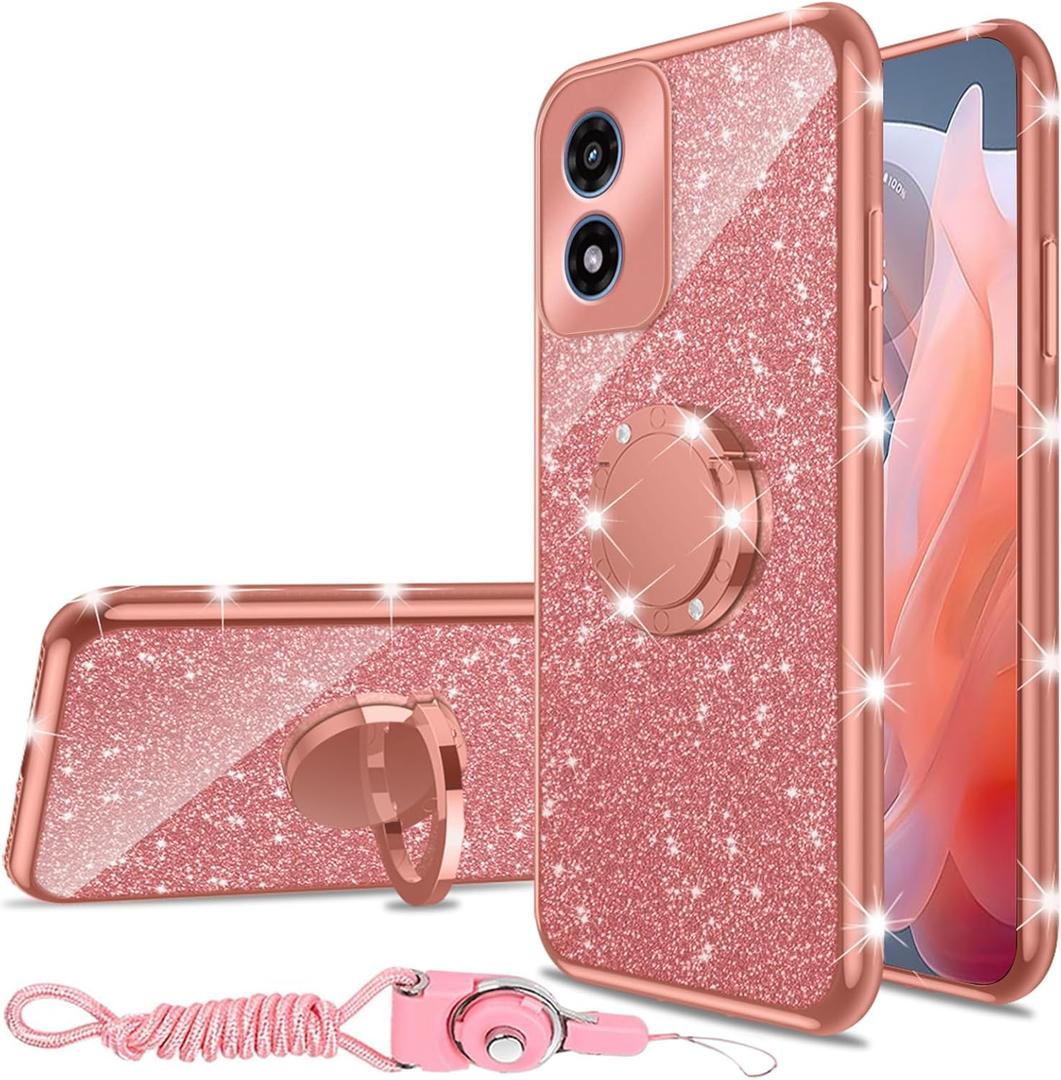 nancheng for (6.5-inch) Motorola Moto G Play 2024 Phone Case Girls Women Cute Glitter Luxury Soft Silicone Clear Case with Ring Stand Strap Lanyard Shockproof Protection Cover - Rose Gold