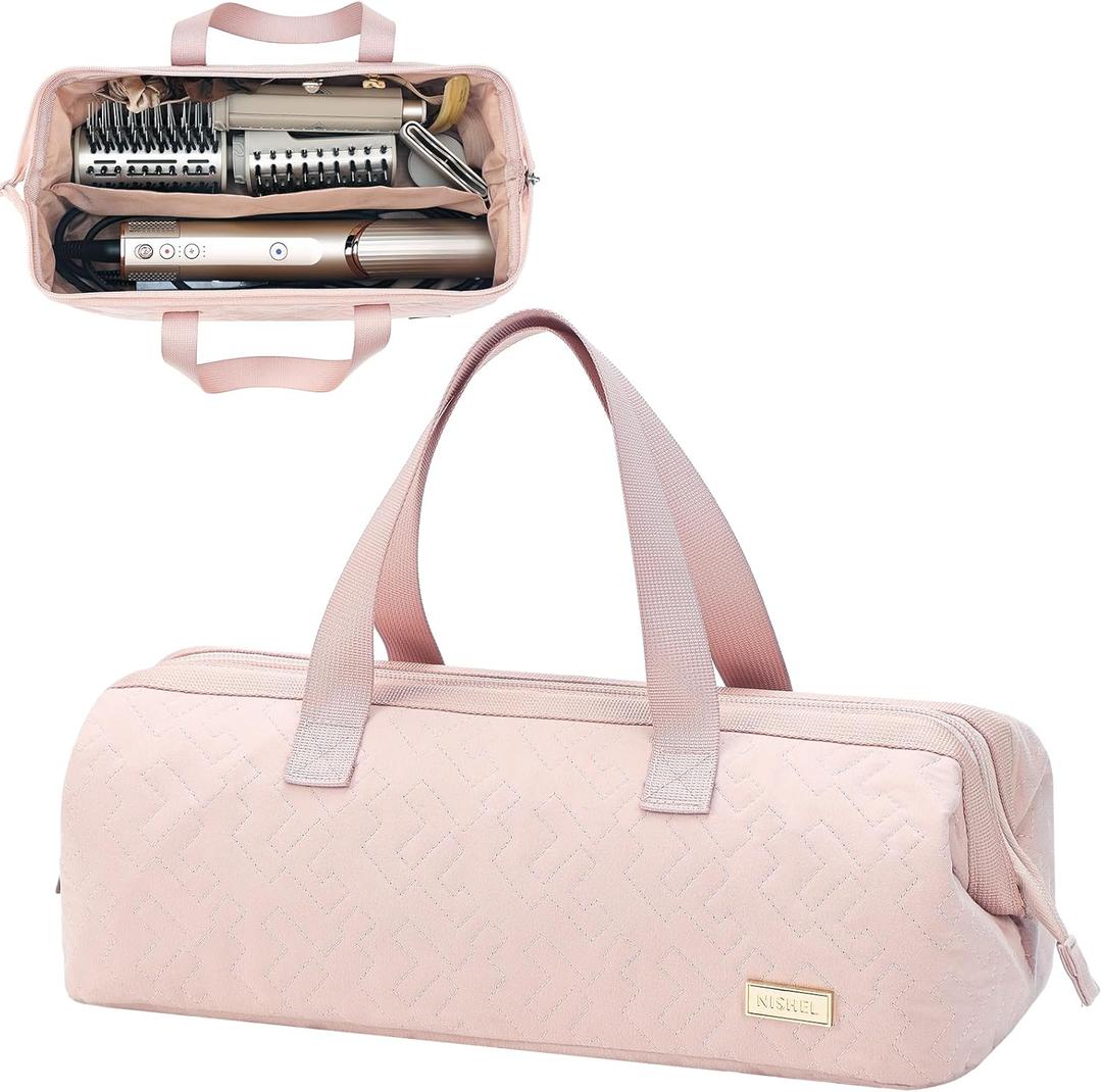 NISHEL Hair Tools Travel Carrying Bag, Portable Hair Air Wrap Dryer Case, Hair Dryer/Curling Iron/Airstraight Attachment Organizer, Pink