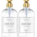 Vine Creations Clear Glass Soap Dispenser, 2 Pack Kitchen Soap Dispenser Set with Stainless Steel Pump, 16 oz Dish Soap and Hand Soap Dispensers for Bathroom with Waterproof Labels