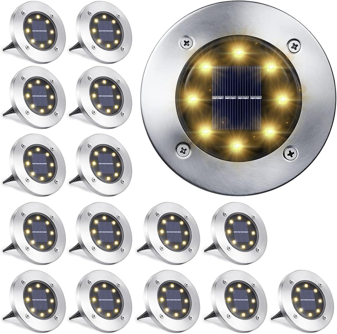 LYHOPE Solar Ground Light Outdoor, 16 Pack 8 LED Solar Disk Lights Waterproof Garden In-ground Pathway Lights Landscape Lighting for Lawn,Yard,Deck,Patio,Walkway (Warm White)