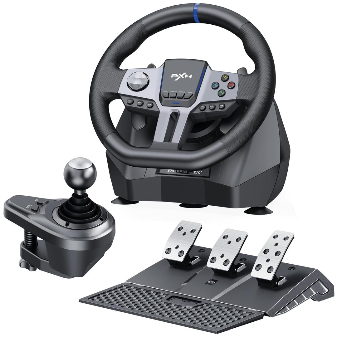 PXN - V9 Gen2 Racing Wheel - 270&900 Car Sim Steering Wheel, 3 Pedals, H Shifter, APP Support, Vibration Feedback - Gaming Steering Wheel for PC, PS4, Xbox One, Xbox Series X/S