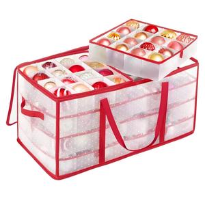 SONGMICS Large Christmas Ornament Storage Boxes, 3-Inch Balls, 8 Trays, 128 Slots, Plastic Christmas Storage Container with Lid, Dual Zippers, Side Handles, Cherry Red URFB029T01
