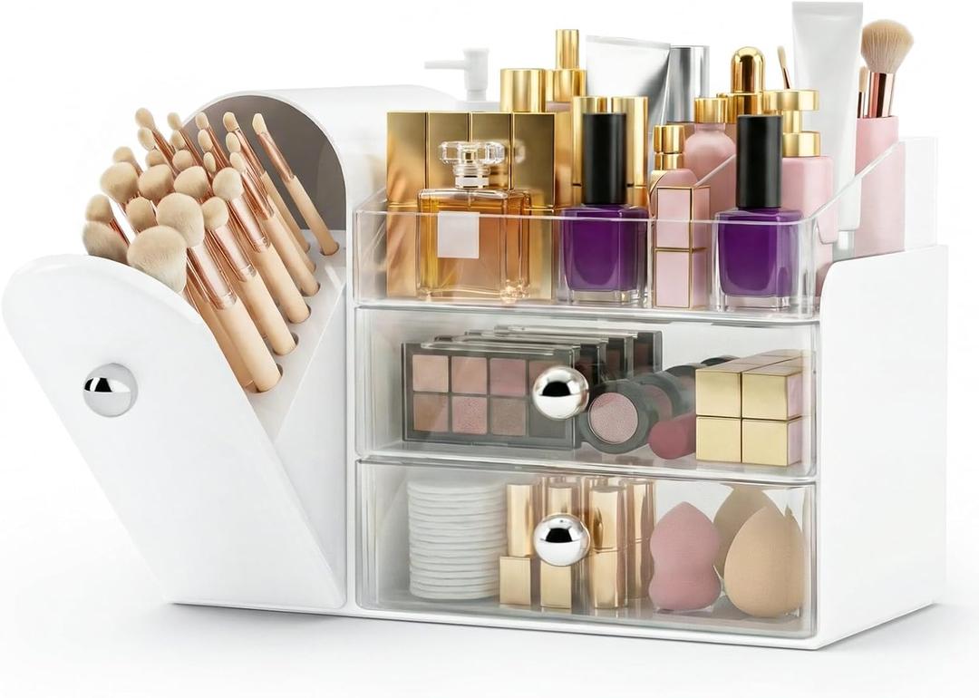 Makeup Organizer,Vanity Organizer with Makeup Brush Holder,Large Skincare Organizers and Bathroom Countertop Organizer,Storage Lipstick,Perfume,Nail Polish,Beauty,Gifts for Women (White)