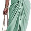 Women Elegant Satin Button Down Short Sleeve Maxi Shirt Dress with Belt, S