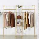 Industrial Pipe Gold Clothing Rack with Shelves, Retail Display Wall Mounted Storage Clothes Hanging Shelf Gold Pipeline Hanging Rod Steampunk Style, 4 Tier Wood Garment Rack 72.8x71inch