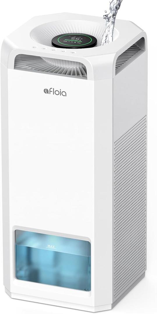 Afloia Air Purifier and Humidifier Combo in One-Cool Mist Evaporative for Home Bedroom Large Roome up tp 3000ft, with Humidity&Air Quality Sensor, Remove Pets Hair Mold Dust Odor Pollen Smoke, White