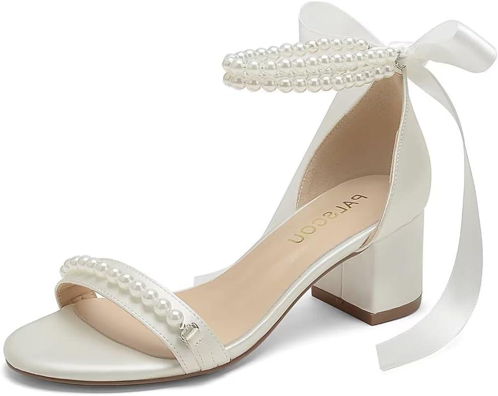Block Heel Wedding Sandals Open Toe Pearl Wedding Shoes for Bride Low Heel Bridal Shoes Chunky Heel Sandals-Ivory, Size: 8