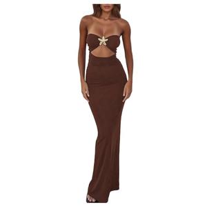 GORGLITTER Women's Strapless Tube Dress Starfish Slit Backless Cut Out Bodycon Maxi Long Cocktail Dress Brown Medium