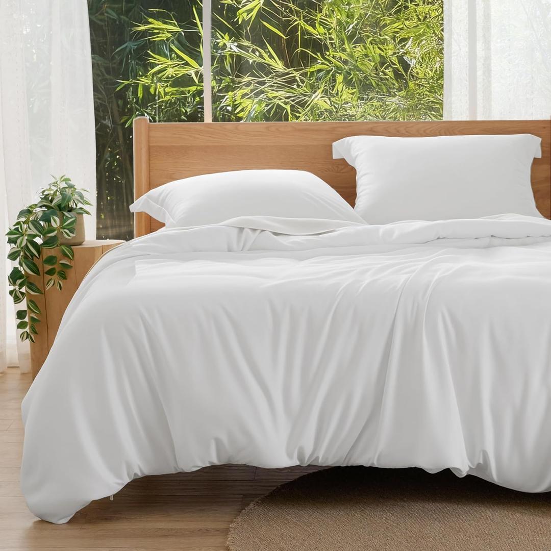 Bedsure Silky Cooling Duvet Cover Queen Size - 100% Rayon Derived from Bamboo Comforter Cover Set for Hot Sleepers, Breathable & Moisture-Wicking Bedding Set, White (Queen (90" x 90"))