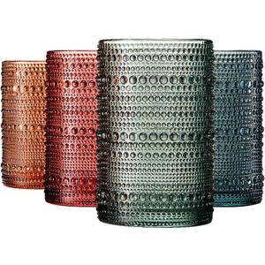 Khen Hobnail Beaded Highball Drinking Tumbler Glasses | Set of 4 | Color, Vintage Bubble Design Whiskey Glassware, Old-Fashioned, Embossed Design for Water, Cocktail Embossed, Rocks Glass (Muted Pastel Highball)