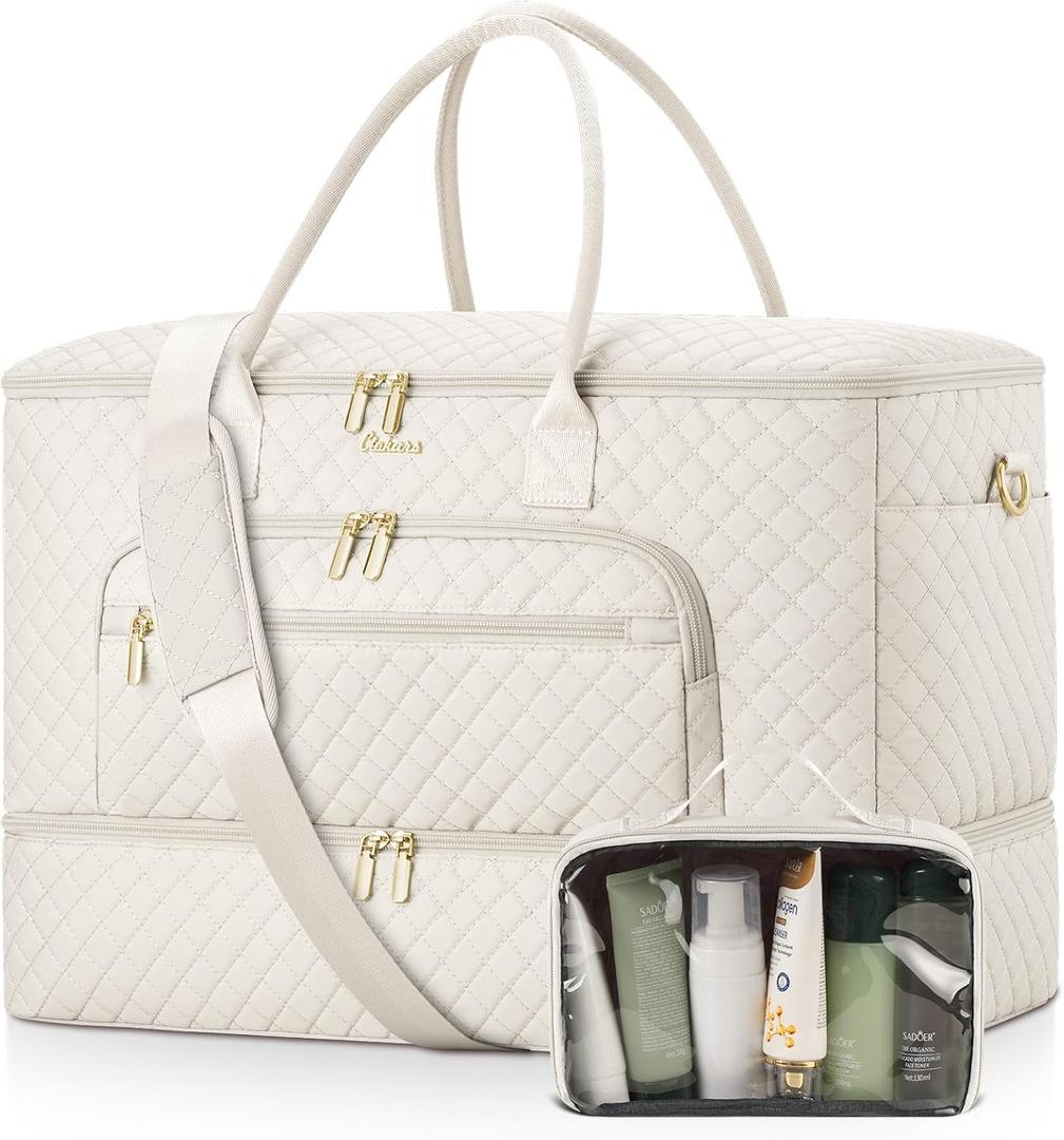 Travel Duffle Bag, Wide Open Large Weekender Bag for Women with Shoe Compartment, Carry on Overnight Bags with Toiletry Bag, Hospital Bag for Women Labor Delivery with Wet Pocket (Cream) (45L)