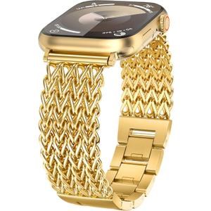 Minyee Compatible with Apple Watch Band 41/40/38/44/45/46/49/42mm Women, Dressy Stainless Steel Metal Adjustable Chain Strap Link Bracelet Wristband for iWatch Series 11 10 9 8 7 6 5 4 3 2 1 Ultra SE (Gold)