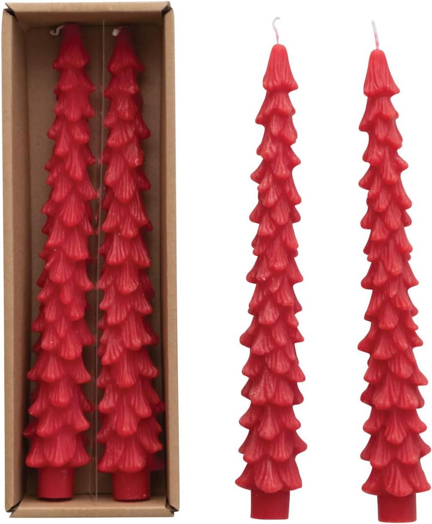 Creative Co-Op Unscented Tree Shaped Taper Candles, Holly Berry Red (10")