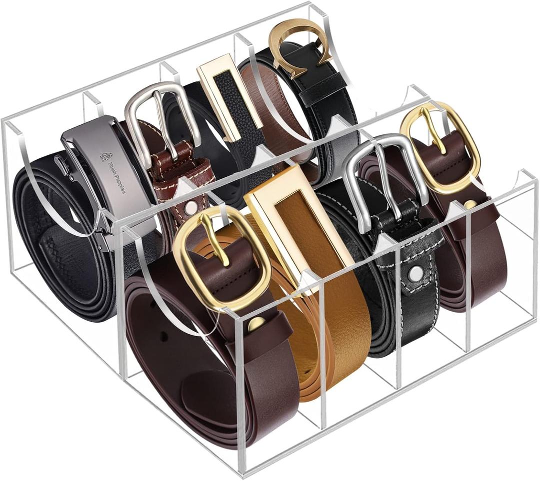 Acrylic 8 Compartment Belt Organizer - Clear Display Case for Closet Tie, Bow Tie, Watch, Jewelry, Bracelets, Ring