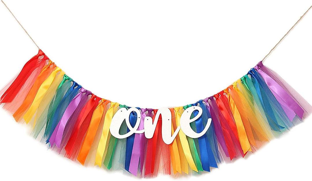 Rainbow High Chair Banner Highchair Tutu Skirt Banner First Birthday Baby Shower Hanging Decor Party Decorations, 1 PC