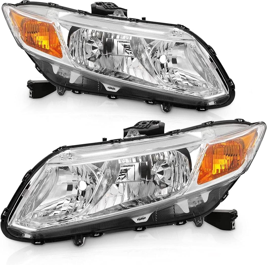 AS Headlight Assembly Compatible with 2012 2013 2014 2015 Honda Civic 4Dr Sedan/ 2012 2013 Honda Civic 2Dr Coupe Chrome Housing Passenger and Driver Side OEM# 33150-TR0-A01/33100-TR0-A01 (Chrome Housing Amber Reflector Clear Lens)