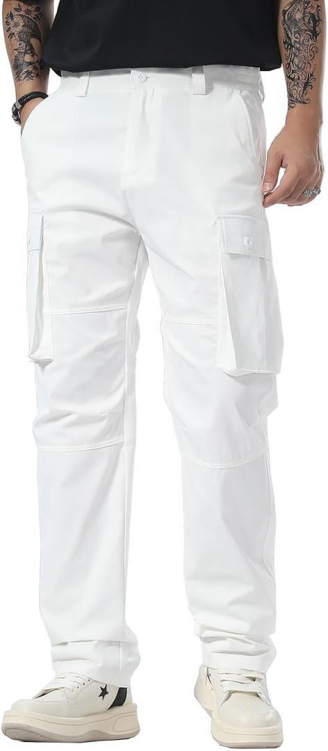 Plaid&Plain Men's Cargo Pants Loose Straight Fit with Multi-Pocket and Oversized Belt Loops (28W x 30L, White)