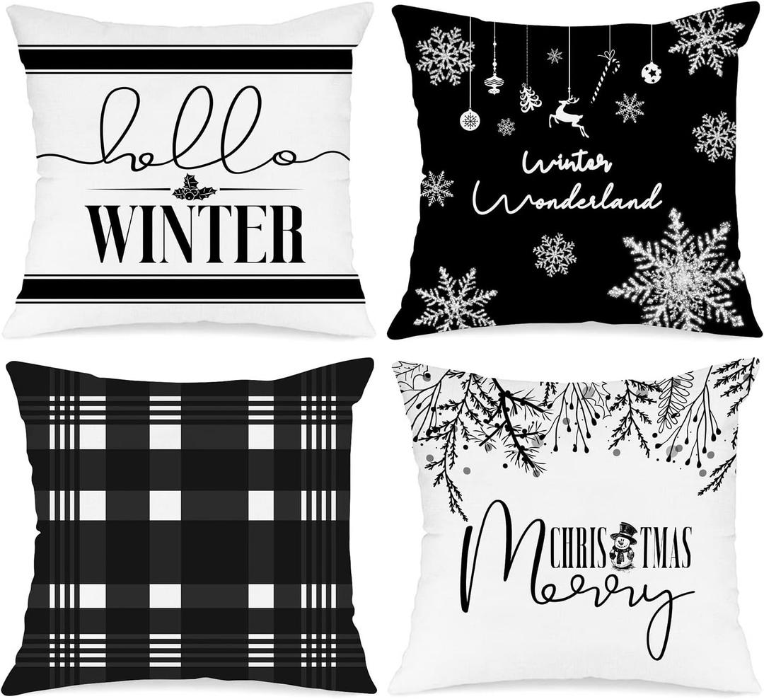 Lanpn Hello Winter Merry Christmas Throw Pillow Covers 16x16 Set of 4, Decorative Black and White 16 inch Xmas Holiday Cushion Pillow Cases Home Outside Porch Decor Decorations