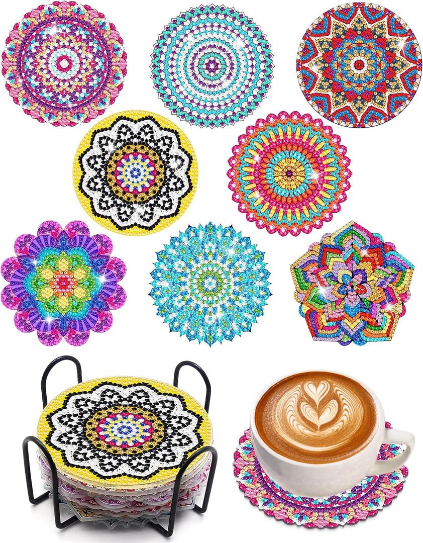 Benvo 8 Pcs Diamond Painting Coasters Kit Mandala Cup Coasters DIY Diamond Art Kits with Diamond Painting Pens, Holders, Cork Base for Beginners Adults and Kids Art Craft Supplies Gift (Mandala B)
