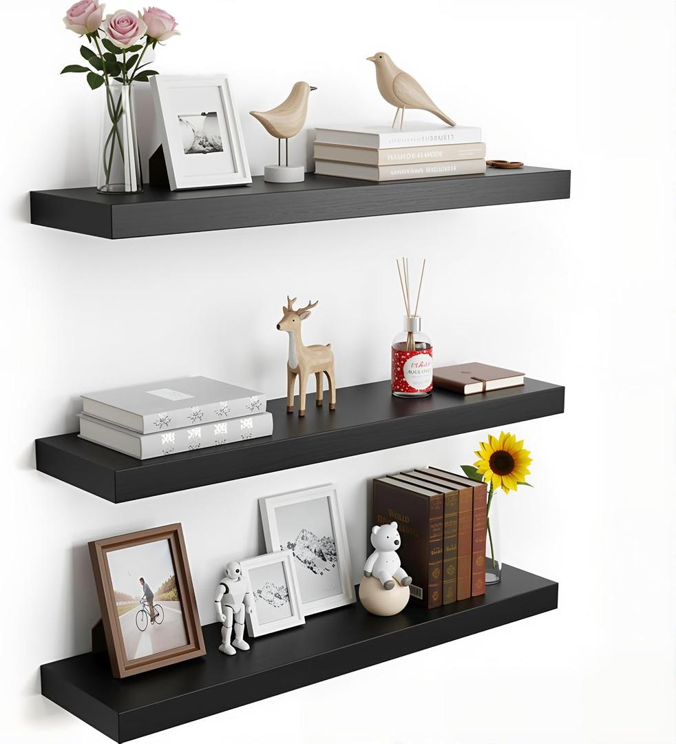 Floating Shelves for Wall,Set of 3 Black Wood Wall Mounted Shelves, 23.6 x 6.3 Inch Rustic Display Storage Shelves with Invisible Brackets for Bedroom, Bathroom, Living Room, Kitchen