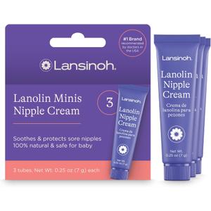 Lansinoh Lanolin Nipple Cream Safe for Breastfeeding Baby, 100% Natural Nipple Butter, Breastfeeding Essentials for Postpartum Moms, 3 Mini Tubes, Each 0.25 Ounces